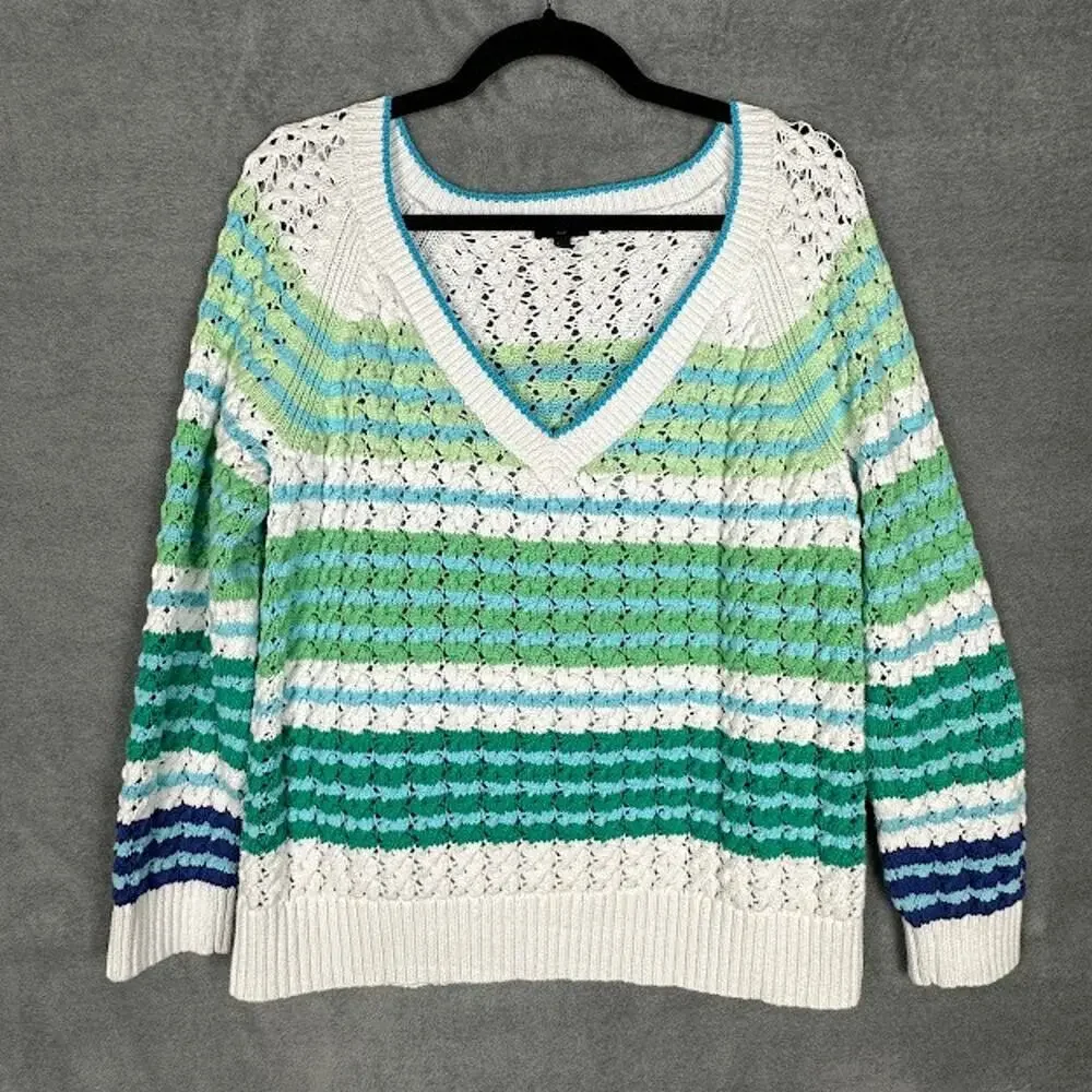 Talbots Sweater Women 1X Blue Striped Open Cable Knit V Neck Comfy Resort Preppy